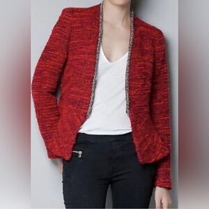 ZARA BLAZER FANTASY BOUCLE RED METALLIC TRIM JACKET COAT SIZE-MEDIUM
